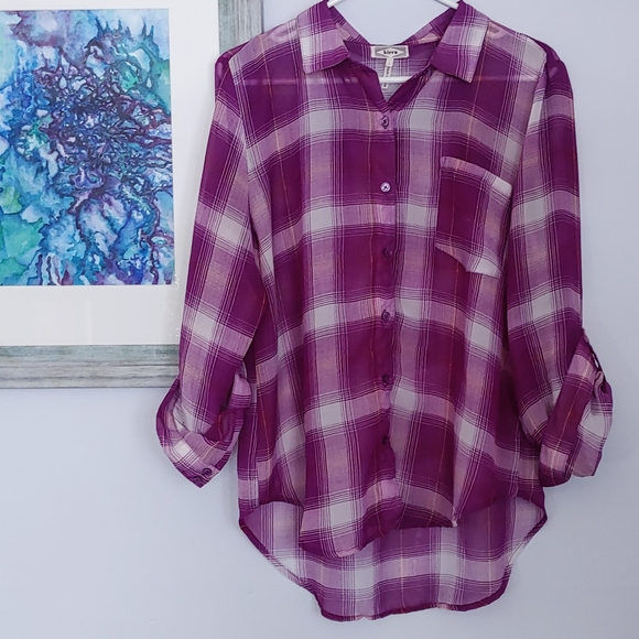 Kirra Sheer Plaid Button Down Roll Up Sleeves - Picture 2 of 14
